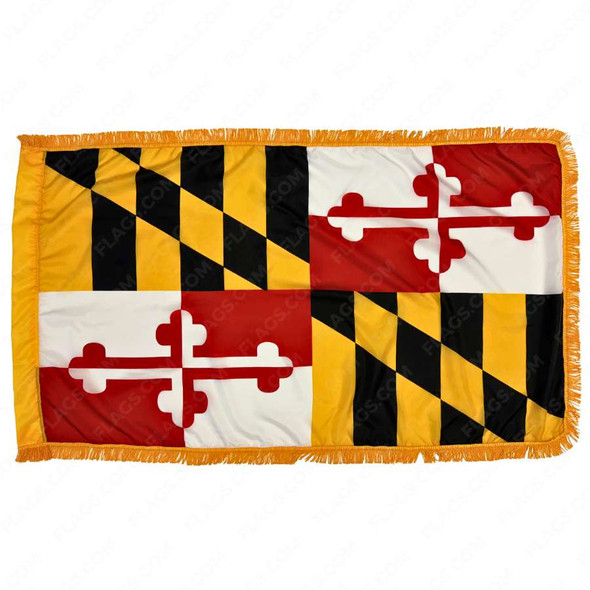 The indoor Maryland flag has 3 sides of gold fringe around the design, a combination of the Crossland and Lord Baltimore’s banners.