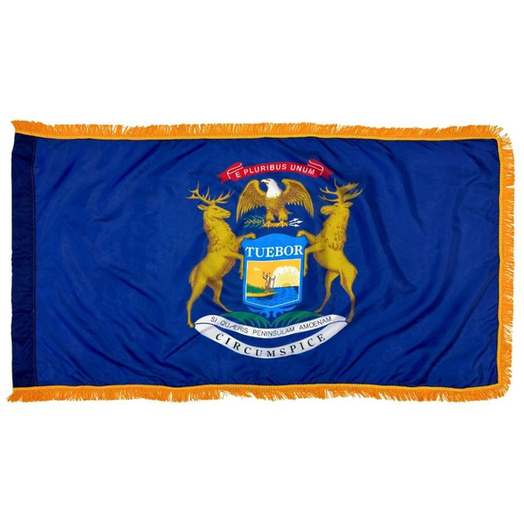 The indoor Michigan flag has 3 sides of gold fringe around the dark blue field. In the center is a seal depicting an elk, moose, & bald eagle.