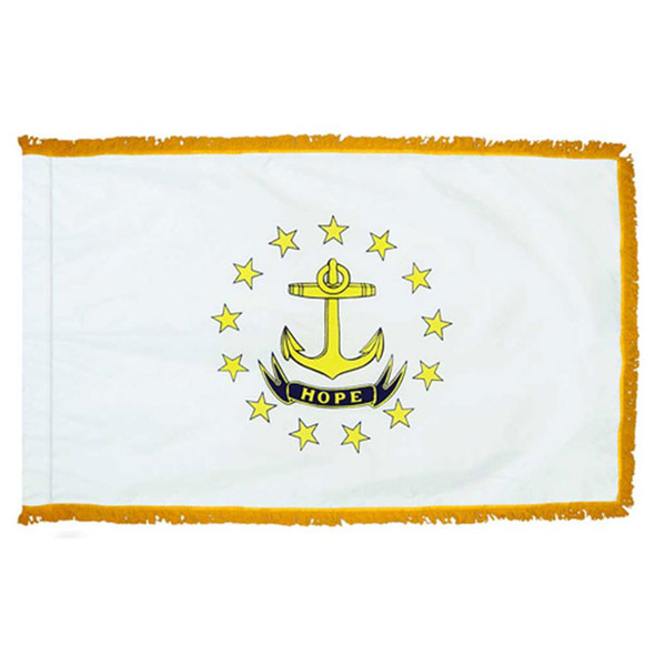 The indoor Rhode Island flag has 3 borders of gold fringe around the white field. In the center is an anchor surrounded by stars.