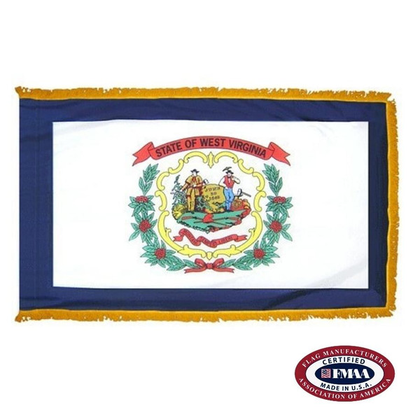The indoor West Virginia flag has gold fringe around 3 sides of the blue-bordered white field. In the center is a seal with a farmer & miner. FMAA Certified Made in America seal.