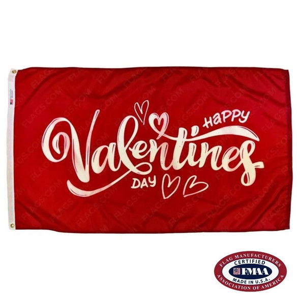 A red flag bearing the white text "Happy Valentine's Day" in script. FMAA Made in America seal.