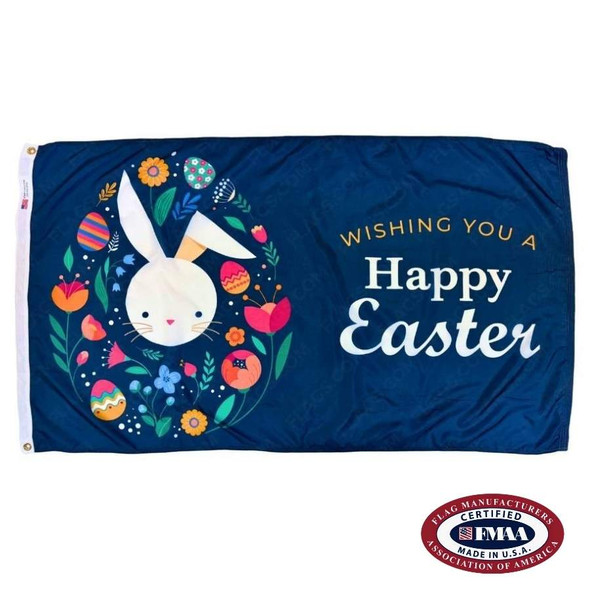 A dark blue Easter flag with a white rabbit surrounded by flowers and Easter eggs. To the right is the text "Wishing you a Happy Easter." FMAA Made in America seal.