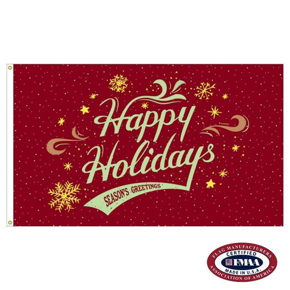 A red flag with the text "Happy Holidays / Season's Greetings" surrounded by snowflakes and stars. FMAA Made in America seal.