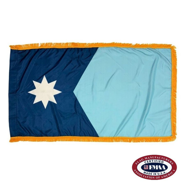 The indoor Minnesota flag has 3 borders of gold fringe around two dark and light blue fields. On the left is an 8-pointed star. FMAA Certified Made in America seal.