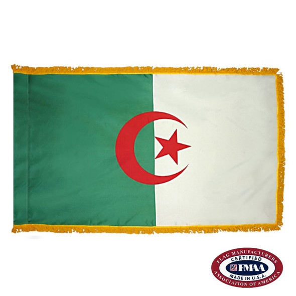 The indoor Algeria flag has 3 sides of gold fringe around 2 fields of green and white. In the center is a red crescent with a star inside. FMAA Certified Made in America seal.