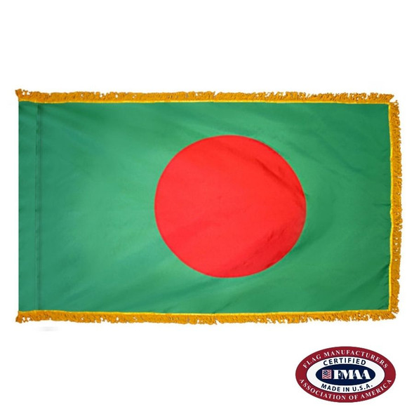 The indoor Bangladesh flag has 3 sides of gold fringe around a green field, with a red circle off-center. FMAA Certified Made in America seal.