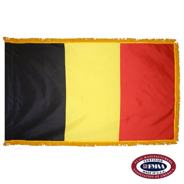 The indoor Belgium flag has 3 sides of gold fringe around a black, yellow, and red tricolor. FMAA Certified Made in America seal.