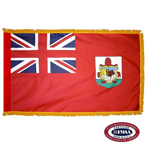 The indoor Bermuda flag has 3 sides of gold fringe around a red field with a Union Jack in the canton and a seal on the right. FMAA Certified Made in America seal.