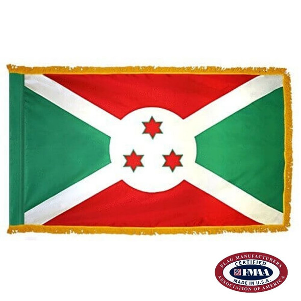 The indoor Burundi flag has 3 sides of gold fringe around a red and green saltire with a white cross & 3 stars in the center. FMAA Certified Made in America seal.