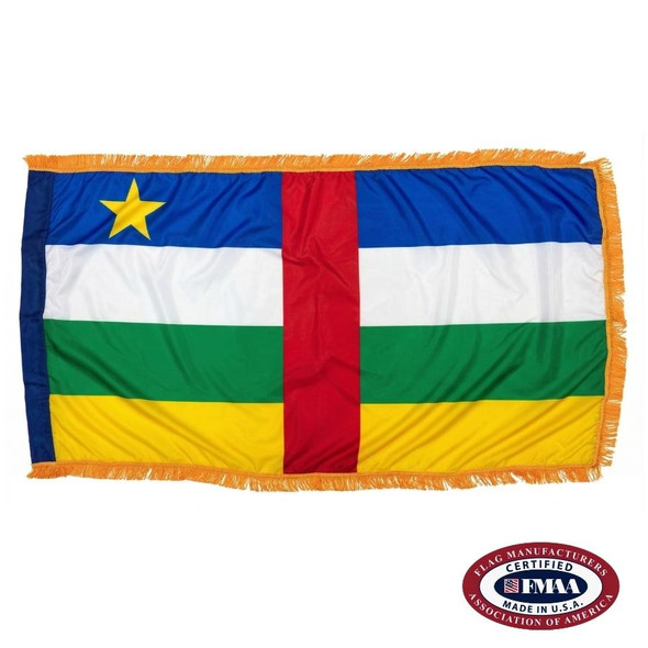 The indoor CAR flag has 4 blue, white, green & yellow stripes. In the center is a vertical red line & in the upper left corner, a yellow star. FMAA Certified Made in America seal.