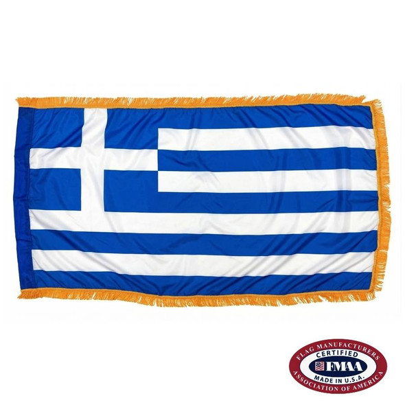 The indoor Greek flag has 3 sides of gold fringe around 9 horizontal blue and white stripes. In the canton is a white cross on a blue field. FMAA Certified Made in America seal.