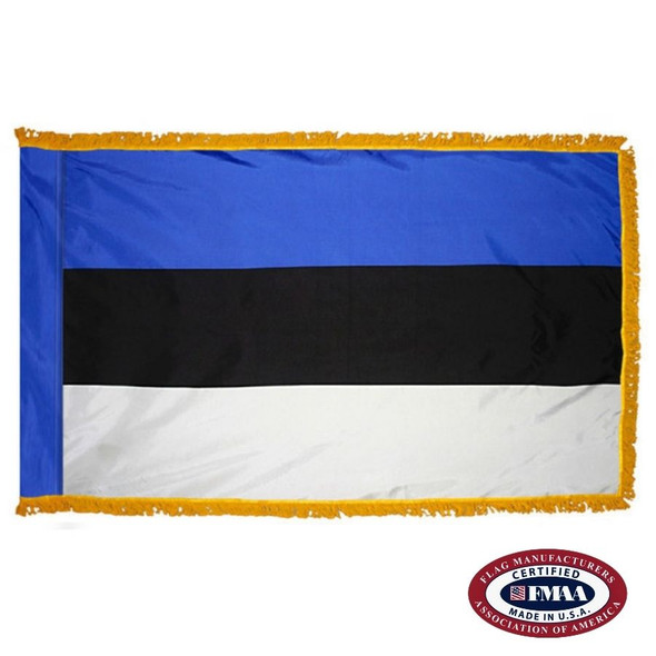 The indoor Estonia flag has 3 sides of gold fringe around the horizontal tricolor of blue, black, and white. FMAA Certified Made in America seal.