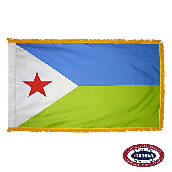 The indoor Djibouti flag has 3 sides of gold fringe around 2 horizontal blue & green stripes. On the left is a white triangle & a red star. FMAA Certified Made in America seal.