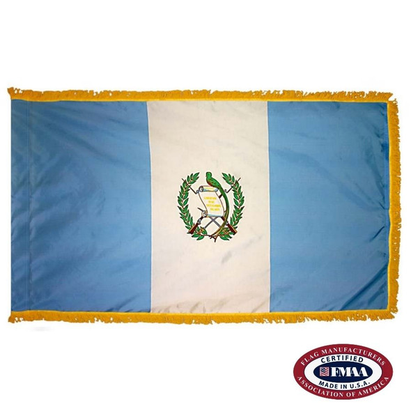 The indoor Guatemala flag is a vertical light blue and white tricolor with the national coat of arms in the center. FMAA Certified Made in America seal.