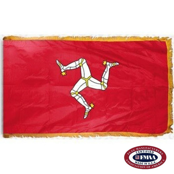 The indoor Isle of Man flag has 3 sides of gold fringe around a red field. In the center is a triskelion of 3 armored legs. FMAA Certified Made in America seal.