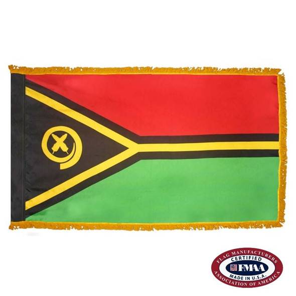 The indoor Vanuatu flag has 3 sides of gold fringe around 2 red and green stripes separated by a yellow and black Y shape pointing left. FMAA Certified Made in America seal.