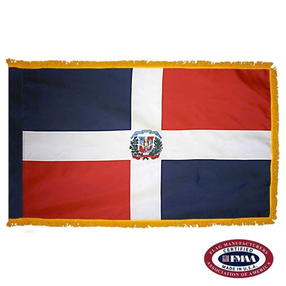 The indoor Dominican flag has 4 fields of blue and red separated by a broad white cross. In the center is the national coat of arms. FMAA Certified Made in America seal.