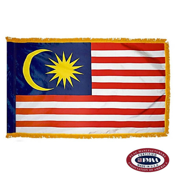 The indoor Malaysia flag has 3 sides of gold fringe around 14 horizontal red & white stripes. The blue canton has a yellow crescent & sun. FMAA Certified Made in America seal.