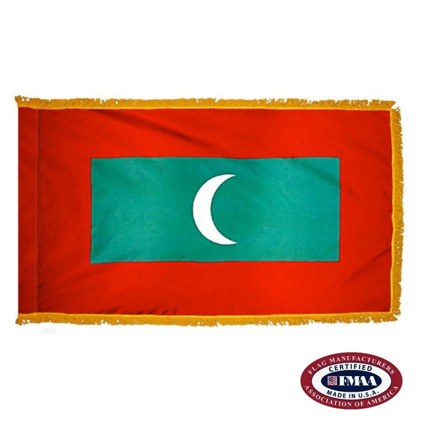 The indoor Maldives flag has 3 sides of gold fringe around a red field with a green rectangle depicting a white crescent in the center. FMAA Certified Made in America seal.