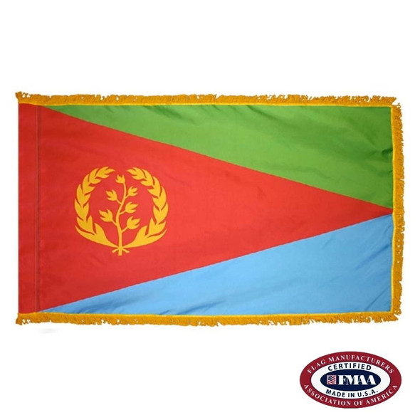 The indoor Eritrea flag has 3 sides of gold fringe around a triangular green, red, and blue design. On the left is a gold seal. FMAA Certified Made in America seal.