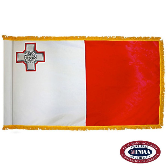 The indoor Malta flag has 3 sides of gold fringe around a vertical white and red bicolor. In the upper left corner is the George Cross. FMAA Certified Made in America seal.