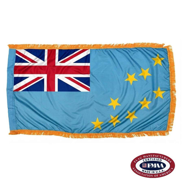 The indoor Tuvalu flag has 3 sides of gold fringe around a blue field with a Union Jack in the canton and 9 yellow stars on the right. FMAA Certified Made in America seal.