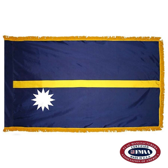 The indoor Nauru flag has 3 sides of gold fringe around a dark blue field with a horizontal yellow line and a white star below on the left. FMAA Certified Made in America seal.