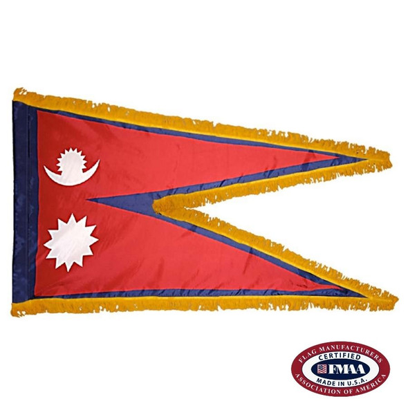 The indoor Nepal flag has a gold fringe around two red triangles on top of one another with blue outlines and a white moon and sun. FMAA Certified Made in America seal.