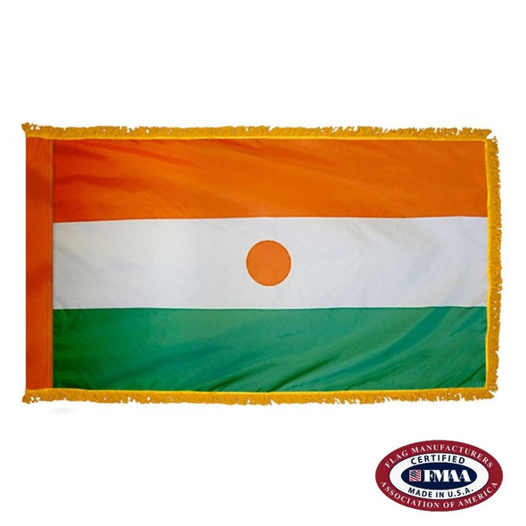 The indoor Niger flag has 3 sides of gold fringe around a horizontal orange, white, and green tricolor. In the center is an orange circle. FMAA Certified Made in America seal.