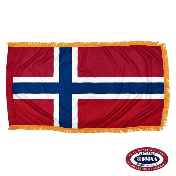 The indoor Norway flag has 3 sides of gold fringe around a red field with a blue Nordic cross with a white outline facing left. FMAA Certified Made in America seal.