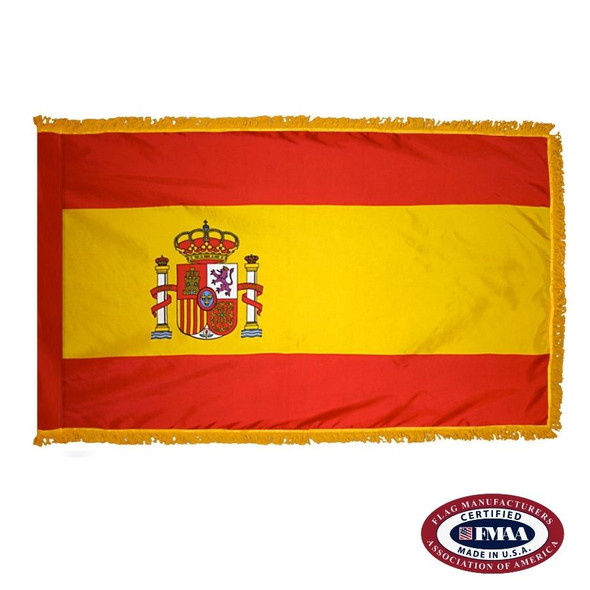 The indoor Spain flag has 3 sides of gold fringe around the 3 horizontal stripes of red, yellow, and red. On the left side is a seal. FMAA Certified Made in America seal.