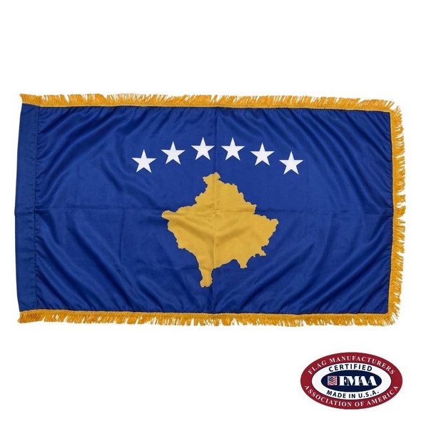 The indoor Kosovo flag is dark blue with a gold map of the country in the center. Above it are 6 white stars. FMAA Certified Made in America seal.
