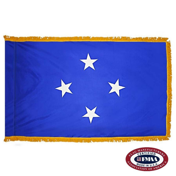 The indoor Micronesia flag has 3 sides of gold fringe around a blue field with four white stars in the center. FMAA Certified Made in America seal.