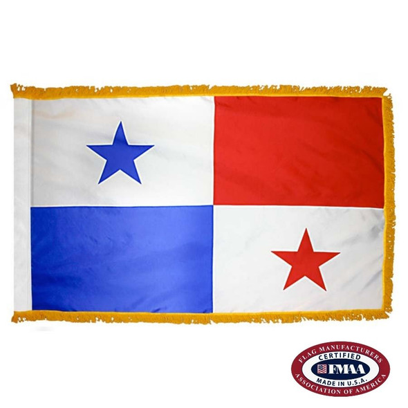 The indoor Panama flag has 3 sides of gold fringe around 4 white, red, blue, and white squares. Inside the white squares are stars. FMAA Certified Made in America seal.