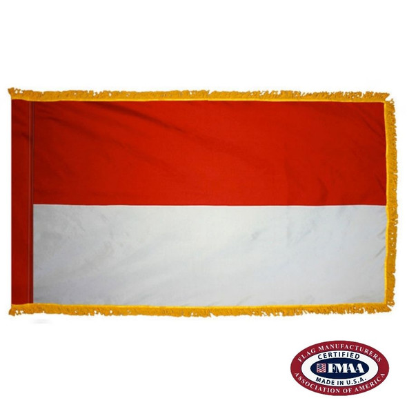 The indoor Monaco flag has 3 sides of gold fringe around two horizontal red and white stripes. FMAA Certified Made in America seal.