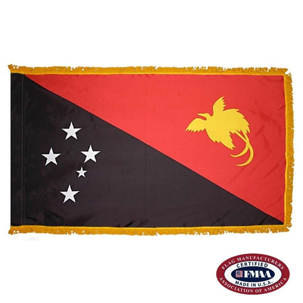 The indoor Papua New Guinea flag has 3 sides of fringe around 2 black & red triangles. On the left are 5 stars, & on the right is a bird. FMAA Certified Made in America seal.