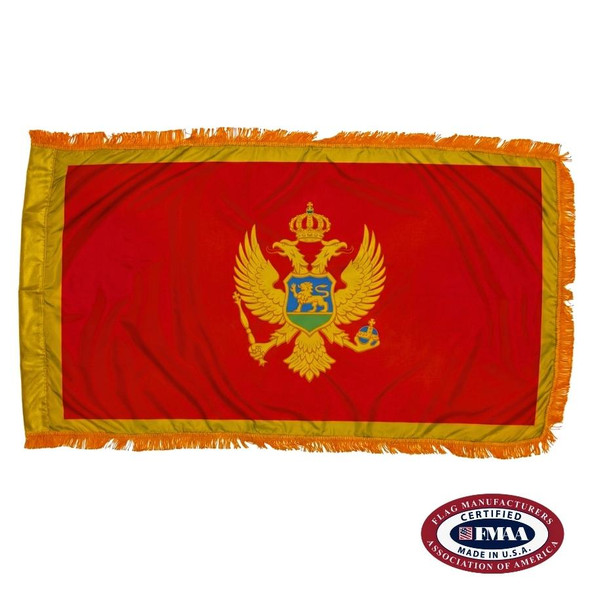 The indoor Montenegro flag has 3 sides of gold fringe around a red field with a double-headed gold eagle and a shield in the center. FMAA Certified Made in America seal.
