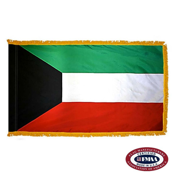 The indoor Kuwait flag has 3 sides of gold fringe around a horizontal green, white, and red tricolor. On the left is a black trapezium. FMAA Certified Made in America seal.