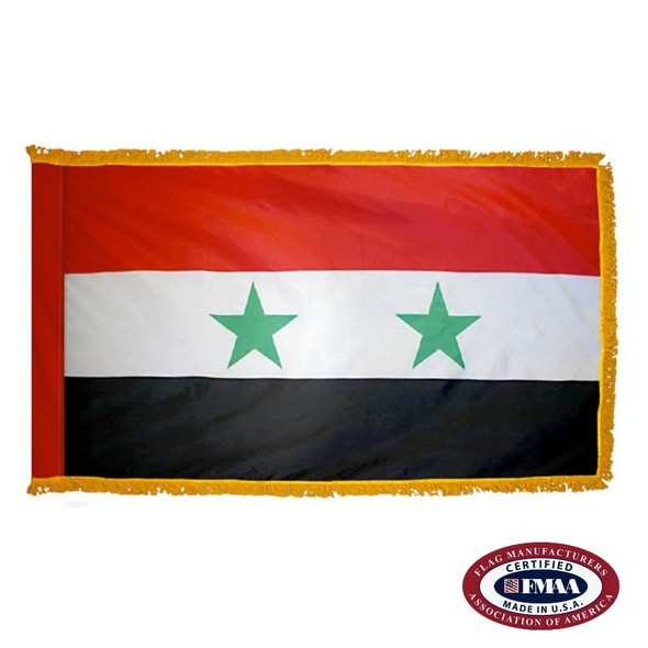 The indoor Syria flag has 3 sides of gold fringe around a horizontal red, white, and black tricolor. In the center is a green star. FMAA Certified Made in America seal.