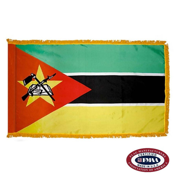 The indoor Mozambique flag has 3 sides of gold fringe around a horizontal teal, black, and yellow tricolor with a red triangle on the left. FMAA Certified Made in America seal.