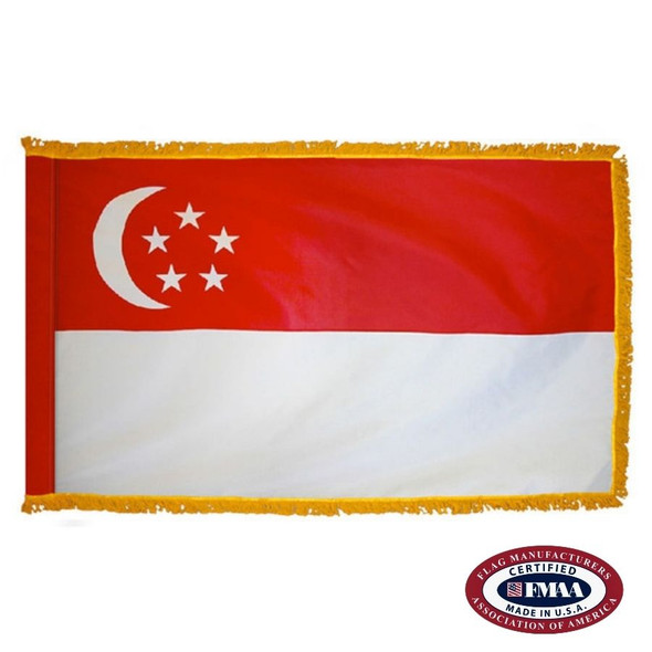 The indoor Singapore flag has 3 sides of gold fringe around 2 red and white stripes, with a white crescent and 5 stars in the upper left. FMAA Certified Made in America seal.