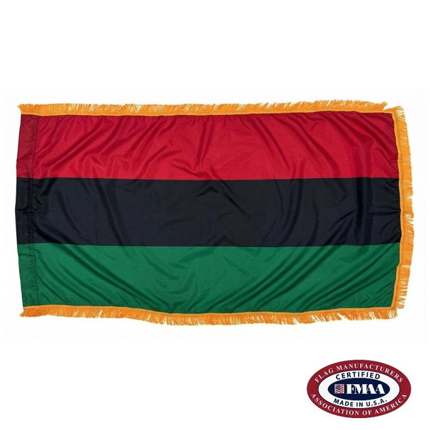The indoor Pan Africa flag has 3 sides of gold fringe around three horizontal red, black, and green stripes.  FMAA Certified Made in America seal.