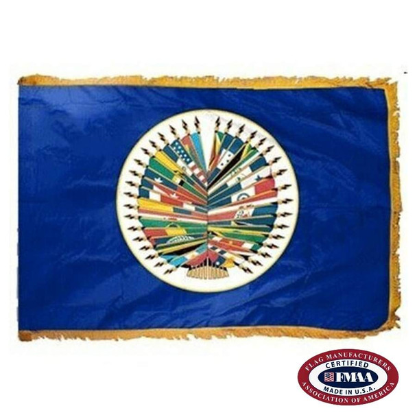 The indoor OAS flag has 3 sides of gold fringe around a blue field with a white circle containing all American country flags in the center. FMAA Certified Made in America seal.
