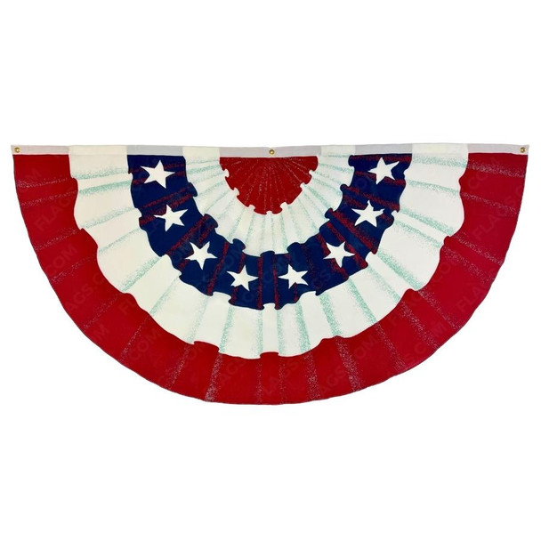 A half-circle fan with red, white, and blue stripes with white stars. At the top is a white header with three brass grommets.