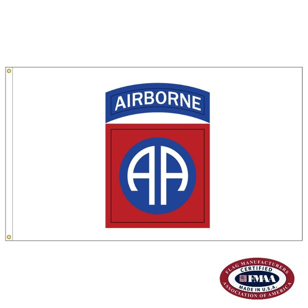 The 82nd Airborne flag is white with a red square in the center and the white letters “AA” inside a blue circle. Above is the text “AIRBORNE.”