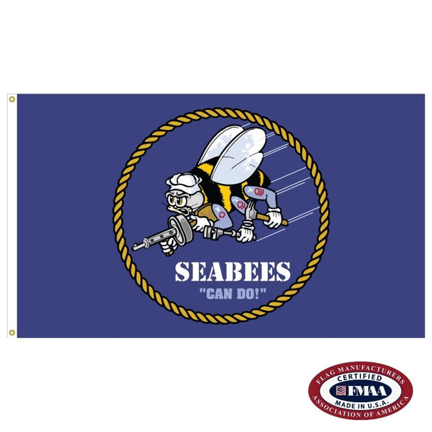 The Seabees flag is dark blue with a seal in the center depicting a bee with a seal’s head. Below is the text “SEABEES / CAN DO!”
