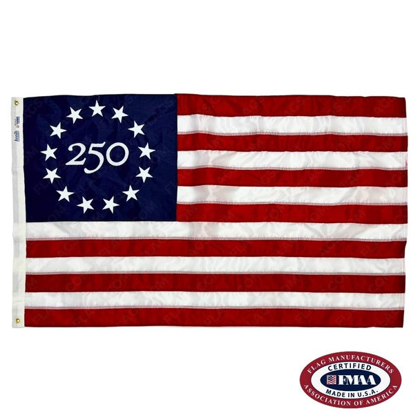 The limited edition 250th anniversary Betsy Ross flag with 13 red and white stripes and a dark blue canton with 13 white stars encircling the text “250.” FMAA Made in America seal.