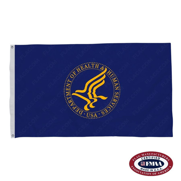 The DHHS flag is dark blue with a gold emblem in the center depicting the outlines of human faces enclosed inside an eagle.