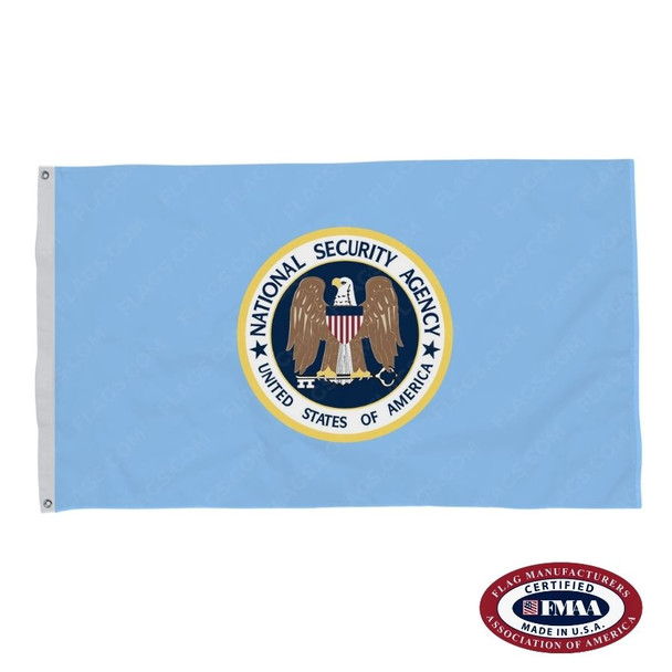 The NSA flag is light blue with a seal in the center depicting a bald eagle with an American flag shield on its chest and a key in its talons.