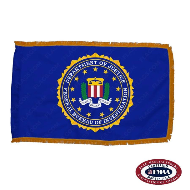 The indoor FBI flag has 3 sides of gold fringe around a dark blue field with a seal in the center depicting a shield flanked by laurel branches.
